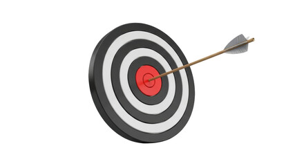 Isolated archery target with arrow in bullseye depicting a target and accurate aim concept