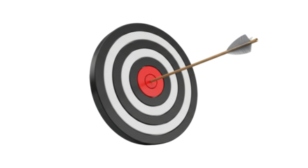 Isolated archery target with arrow in bullseye depicting a target and accurate aim concept