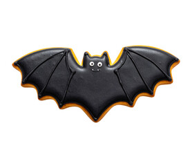 A Halloween ghost-shaped cookie decorated with white icing, isolated on a transparent background; PNG 