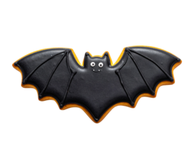 A Halloween ghost-shaped cookie decorated with white icing, isolated on a transparent background; PNG 