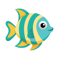 Cute cartoon turquoise and yellow striped tropical fish swimming in ocean waters