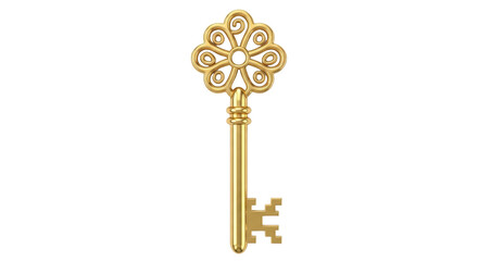 Isolated golden decorative key, vintage ornament, antique style, treasure of history