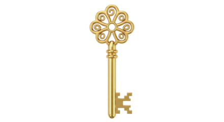 Isolated golden decorative key, vintage ornament, antique style, treasure of history