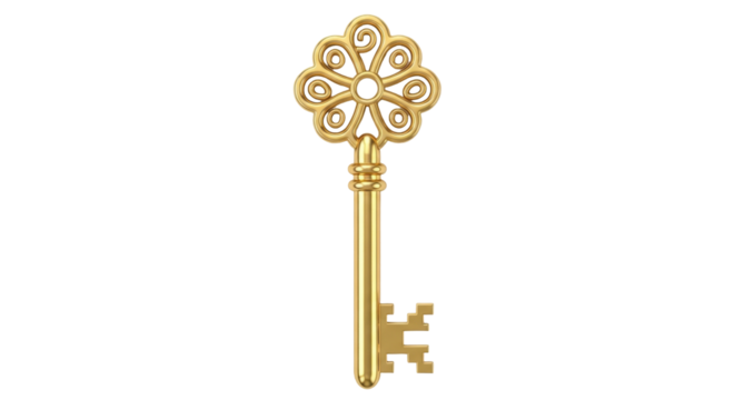 Isolated golden decorative key, vintage ornament, antique style, treasure of history