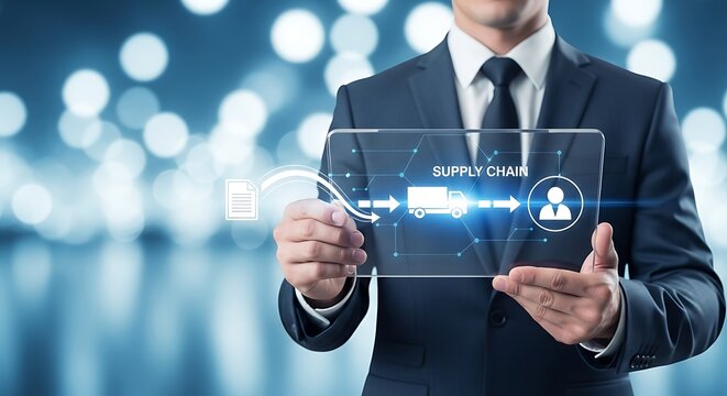 Businessman demonstrating supply chain process with technology and logistics efficiency solutions