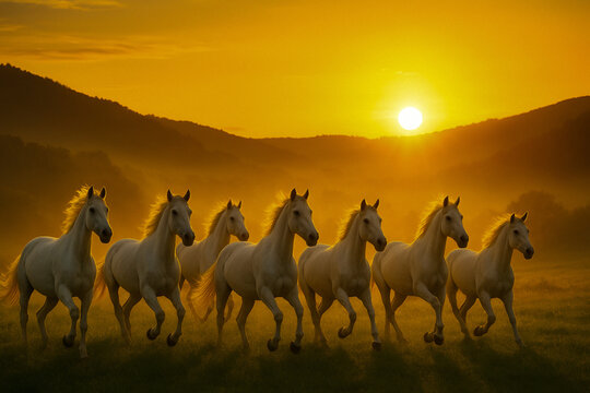 Seven white horses on sunset  Ai Genreted Photo 