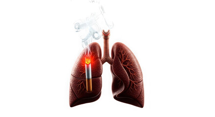 Smoking cigarette burning inside human lungs, isolated on transparent background