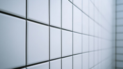 Minimalist white tiles cover a wall, offering a clean and modern aesthetic. Dark grout lines accentuate the square patterns. Texture and simplicity combined.