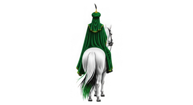 Man in green cloak riding a white horse, isolated on transparent background - Powered by Adobe