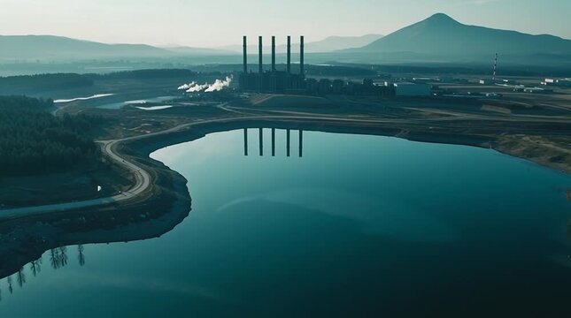 a vast artificial lake reflecting the decaying silhouette of an abandoned industrial complex with cooling towers, surrounded by empty forest, highlighting nature reclaiming post-industrial landscapes.