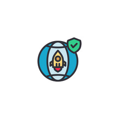 Rocket flying around the Earth, representing global business expansion, international startup networks, and worldwide innovation.
