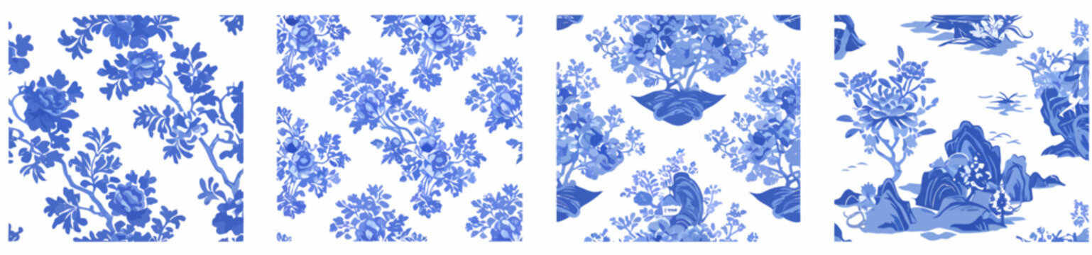Four blue and white porcelainstyle textile patterns featuring floral motifs and landscapes