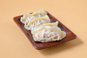 Fresh gyoza dumplings in dish.