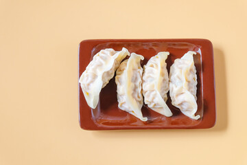 Fresh gyoza dumplings in dish.