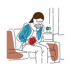 Woman holding her stomach, expressing discomfort from a stomachache. flat doodle line vector illustration.