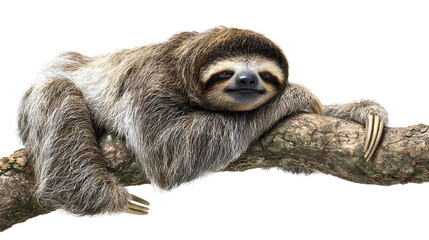 lovable three toe sloth laying on branch in neutral syle with white background