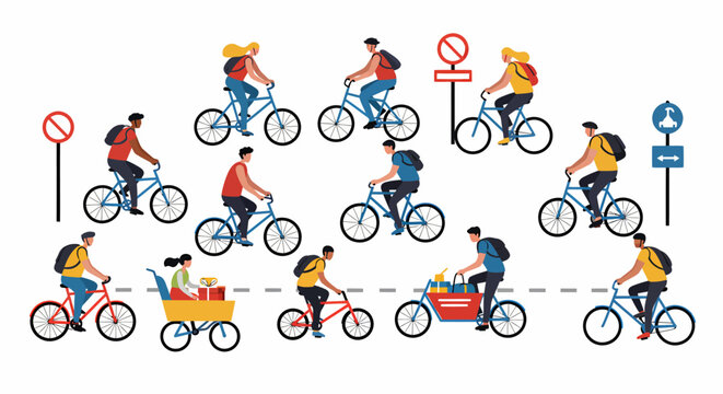 Pattern of diverse cyclists riding bicycles near traffic signs on white background