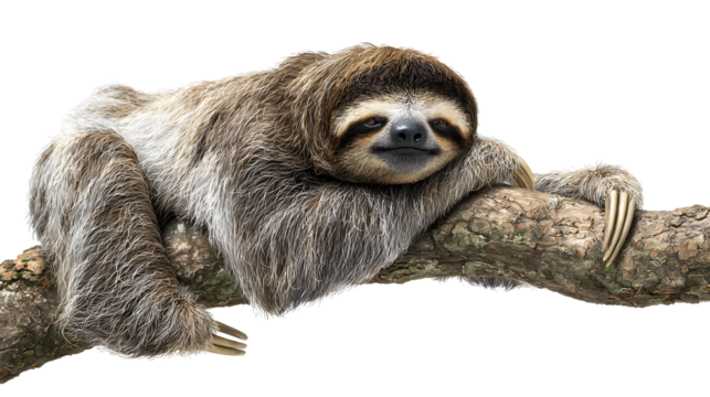 lovable three toe sloth laying on branch in neutral syle with white background