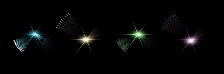 Light flashes with sparkle, glare, glint effect isolated on black. Different color glow glared abstract stars set. Bright sparkling vector illustration. Flash of light with ray beams in space.