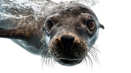 sea lion swimming and looking to camera , ion isolated transparent background
