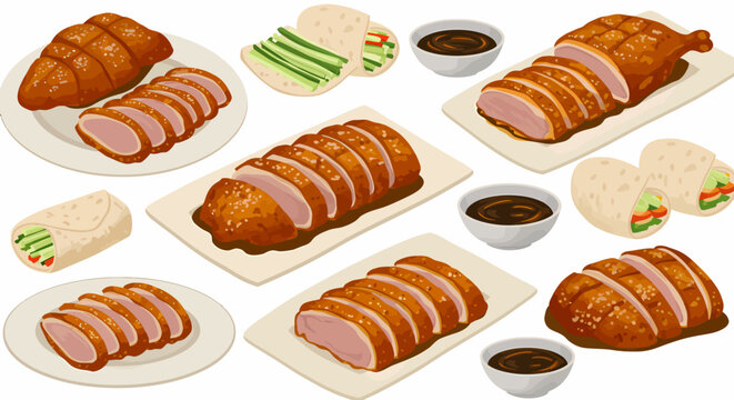 Seamless pattern of Peking duck servings pancakes sauce and vegetables