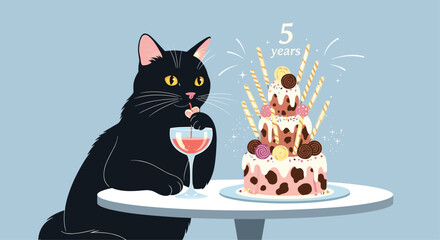 A black cat celebrates five years with a festive cake and a drink.