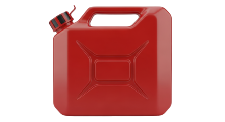 Isolated red metal fuel jerrycan for gasoline with handle for carrying and cap spout