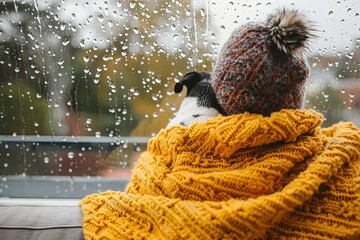 Black and white dog gazes out window with raindrops. Indoor scene evokes cozy, introspective mood amidst natural backdrop.