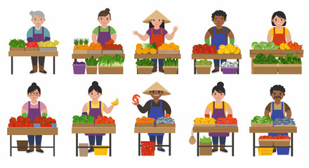 Ten diverse market vendors displaying fresh produce and seafood at individual stalls