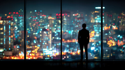 Naklejka na ściany i meble Pensive silhouette of businessman standing alone in dark office, looking out window at vibrant night cityscape, contemplating success