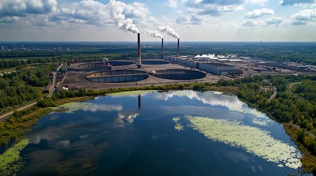 a vast artificial lake reflecting the decaying silhouette of an abandoned industrial complex with cooling towers, surrounded by empty forest, highlighting nature reclaiming post-industrial landscapes.