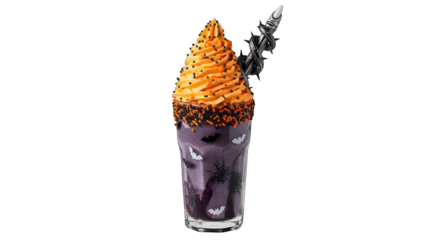 Spooky halloween milkshake with orange whipped cream on transparent background