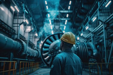 Engineer wearing a yellow hardhat inspecting a large turbine inside of a power plant facility