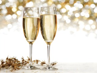 44. Champagne glasses with sparkling lights on a white background