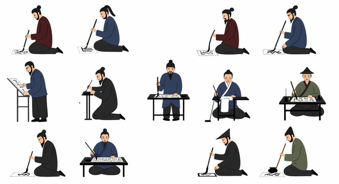 Twelve depictions of ancient East Asian men practicing calligraphy in various poses
