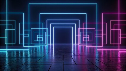 Abstract futuristic neon geometric tunnel with glowing blue and pink light reflecting wet floor