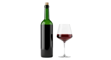 Isolated glass of red wine and a green bottle of wine with cork, side view, studio shot