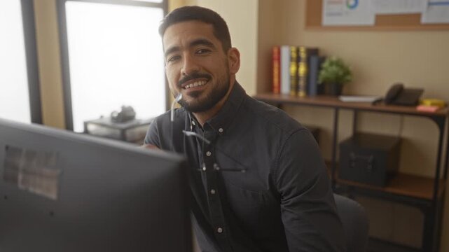 Man working in modern office setting, smiling at computer with books and plants in background, creating a professional yet relaxed atmosphere.