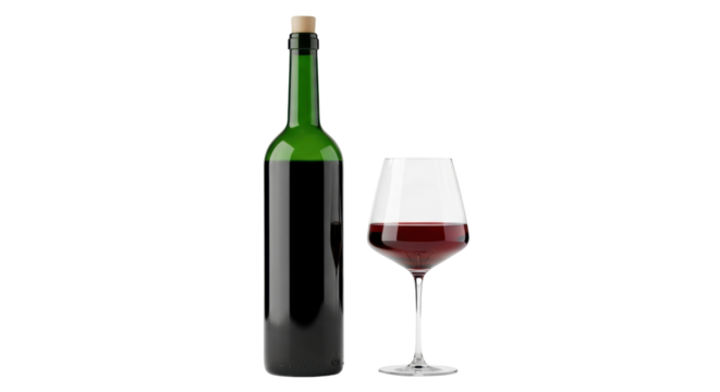 Isolated glass of red wine and a green bottle of wine with cork, side view, studio shot