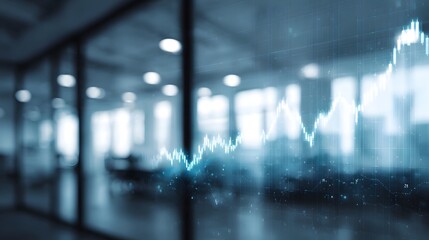 A glowing blue financial growth chart is superimposed over a blurred modern office interior symbolizing business progress and economic insights