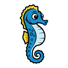 Fototapeta premium A cheerful cartoon seahorse, rendered with vibrant blue and yellow colors, isolated on white.