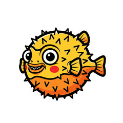 Cartoon illustration of a smiling pufferfish with spiky exterior, orange and yellow colors.
