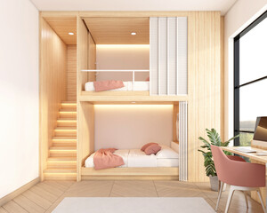Japandi bedroom with wooden bunk bed and wooden table and chair. 3d rendering