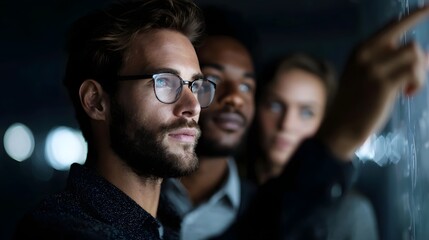 A diverse team collaborates analyzing a digital projection on a screen in a modern focused business environment