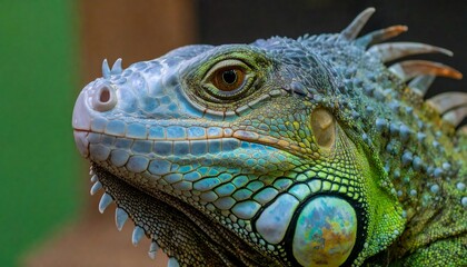 Fototapeta premium A close-up portrait showcases a vibrant lizard with textured scales in shades of green, blue, and yellow, highlighting its detailed eye and head