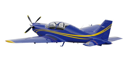 Isolated blue propeller plane on a light background, modern aviation with yellow stripes