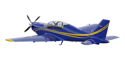 Isolated blue propeller plane on a light background, modern aviation with yellow stripes