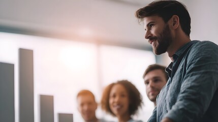 A smiling man leads a business meeting presenting a growth chart to his engaged diverse team