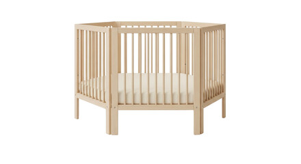 Isolated wooden baby crib for nursery sleep and safety; modern Scandinavian design