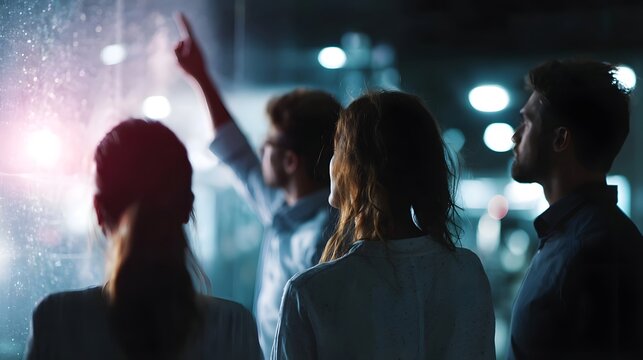 A team collaborates and points at a glowing digital display signifying a forward thinking strategy in a modern dimly lit environment